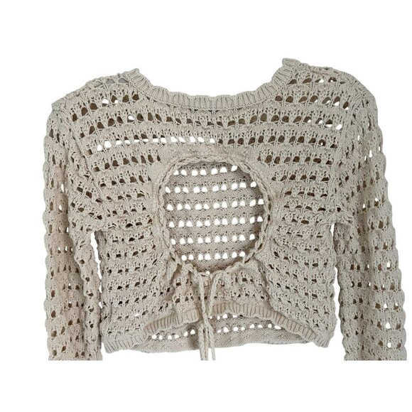 Free People Beach Crop Top Crochet Knit Open Back & Adjustable Tie Beige Long Sl - Picture 4 of 10